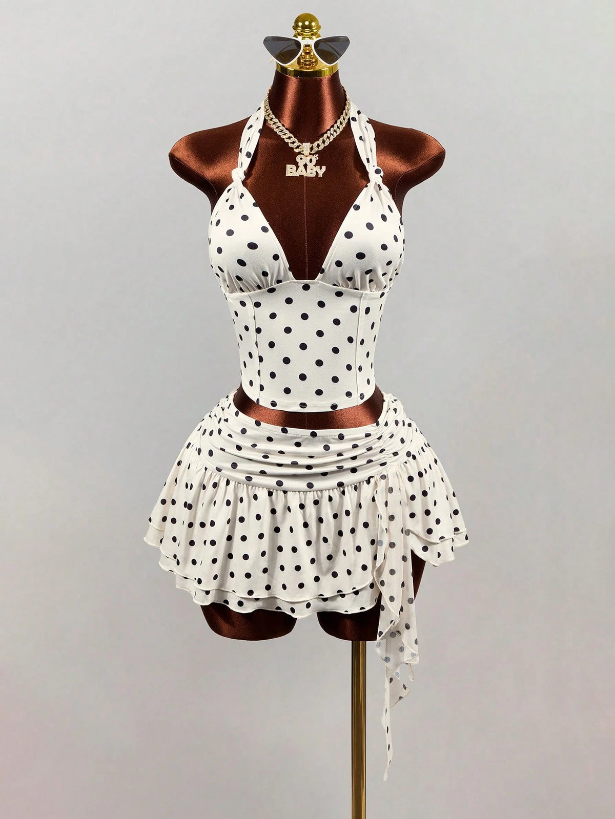 Mistrie White With Black Polka Dots Summer 1960s Vintage Vacation Women's Deep V Backless Midriff-Baring Camisole,Elegant Spaghetti Strap Crop Tank Top