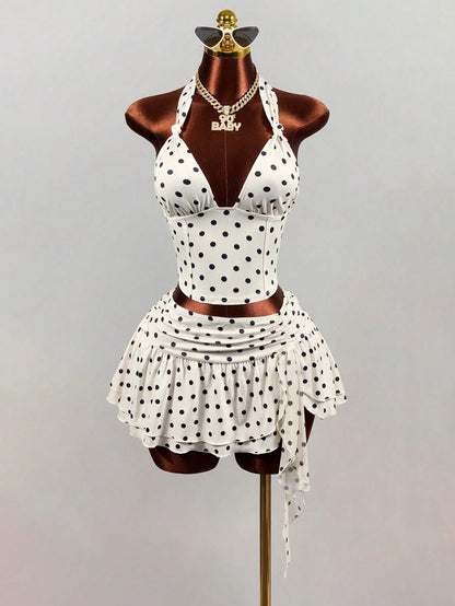 Mistrie White With Black Polka Dots Summer 1960s Vintage Vacation Women's Deep V Backless Midriff-Baring Camisole,Elegant Spaghetti Strap Crop Tank Top