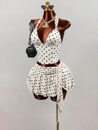 Mistrie White With Black Polka Dots Summer 1960s Vintage Vacation Women's Deep V Backless Midriff-Baring Camisole,Elegant Spaghetti Strap Crop Tank Top