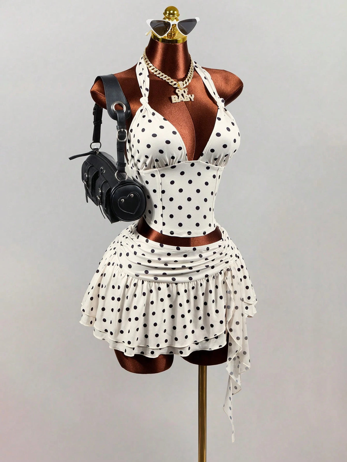 Mistrie White With Black Polka Dots Summer 1960s Vintage Vacation Women's Deep V Backless Midriff-Baring Camisole,Elegant Spaghetti Strap Crop Tank Top