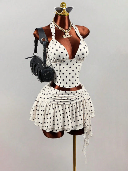 Mistrie White With Black Polka Dots Summer 1960s Vintage Vacation Women's Deep V Backless Midriff-Baring Camisole,Elegant Spaghetti Strap Crop Tank Top