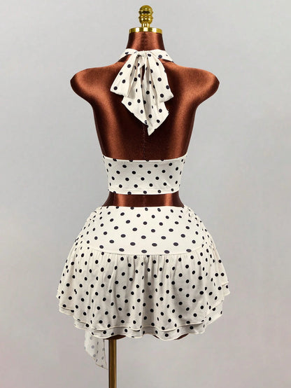 Mistrie White With Black Polka Dots Summer 1960s Vintage Vacation Women's Deep V Backless Midriff-Baring Camisole,Elegant Spaghetti Strap Crop Tank Top