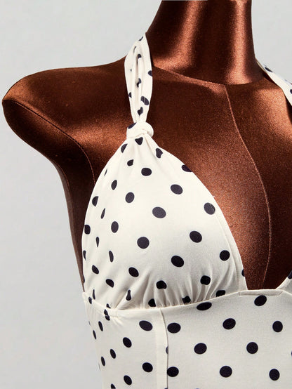 Mistrie White With Black Polka Dots Summer 1960s Vintage Vacation Women's Deep V Backless Midriff-Baring Camisole,Elegant Spaghetti Strap Crop Tank Top