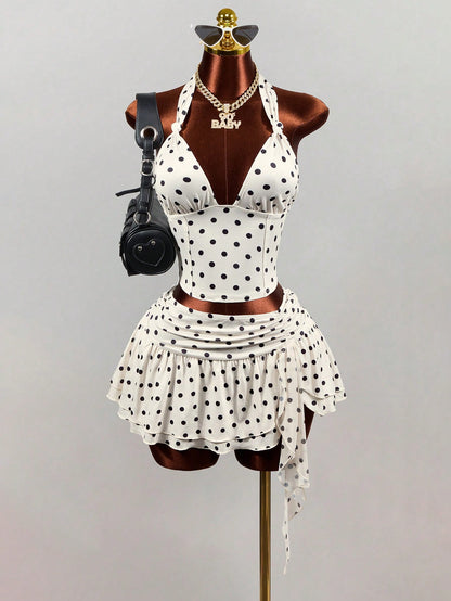 Mistrie White With Black Polka Dots Summer 1960s Vintage Vacation Women's Deep V Backless Midriff-Baring Camisole,Elegant Spaghetti Strap Crop Tank Top