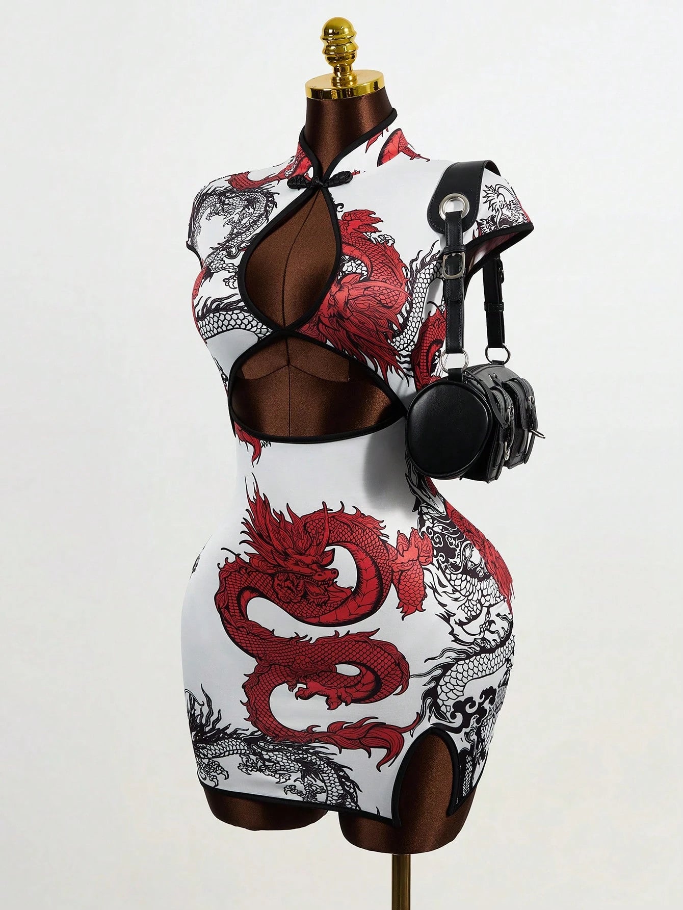 Mistrie Women's Chinese Dragon Print Buttoned Hollow-Out Cap Sleeve Bodycon Dress