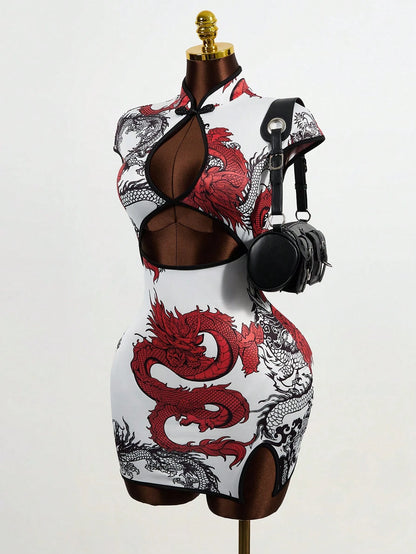 Mistrie Women's Chinese Dragon Print Buttoned Hollow-Out Cap Sleeve Bodycon Dress