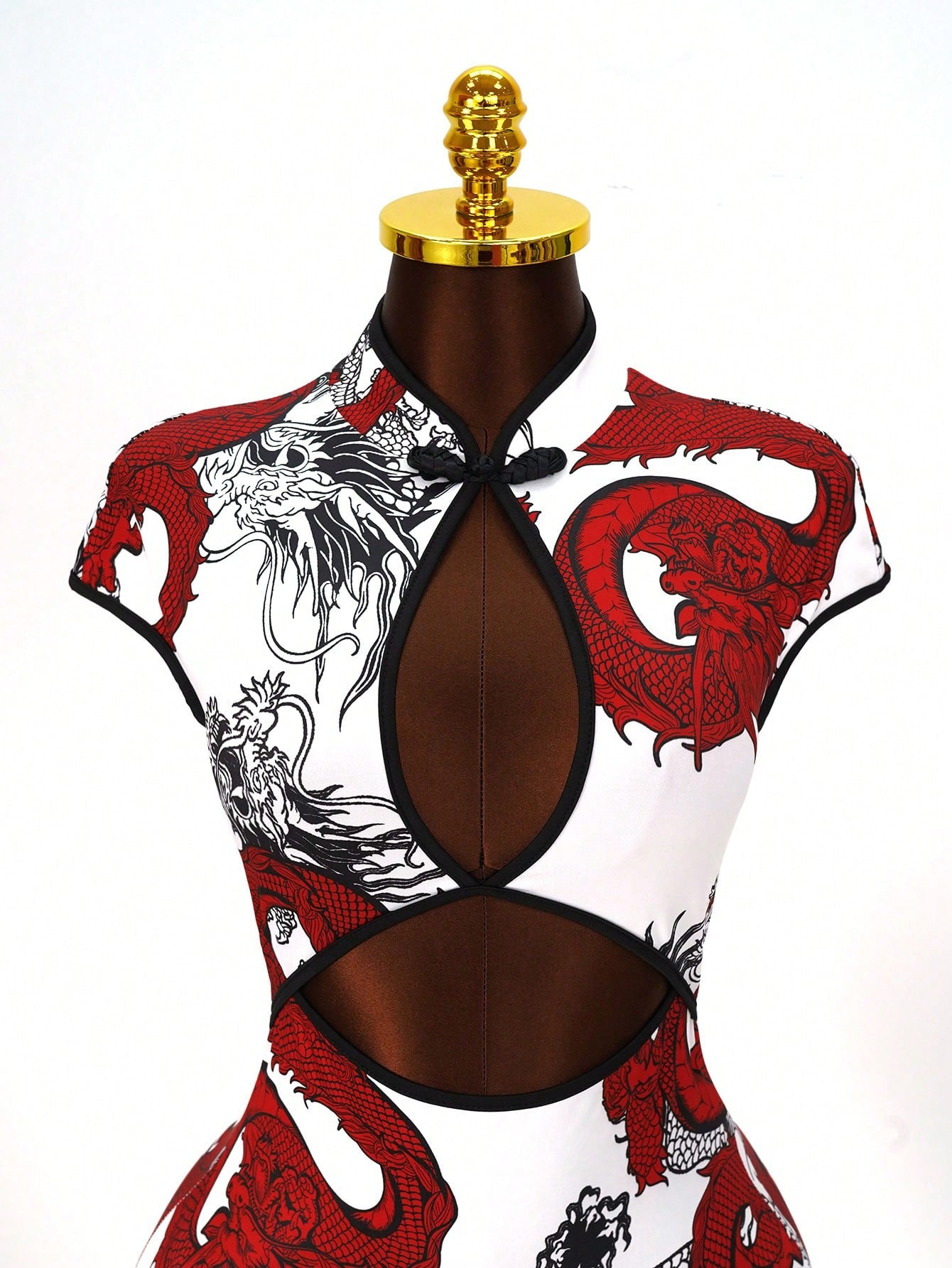 Mistrie Women's Chinese Dragon Print Buttoned Hollow-Out Cap Sleeve Bodycon Dress