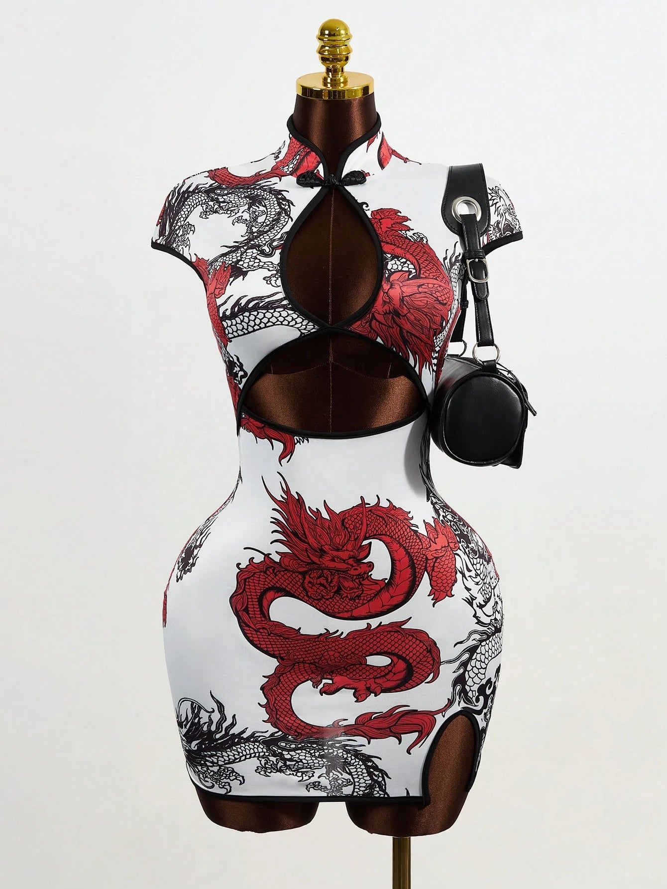 Mistrie Women's Chinese Dragon Print Buttoned Hollow-Out Cap Sleeve Bodycon Dress