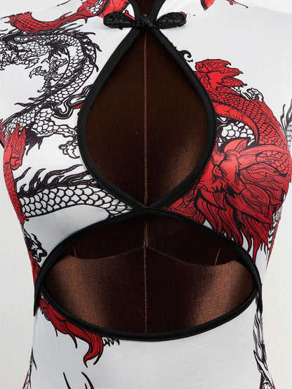 Mistrie Women's Chinese Dragon Print Buttoned Hollow-Out Cap Sleeve Bodycon Dress
