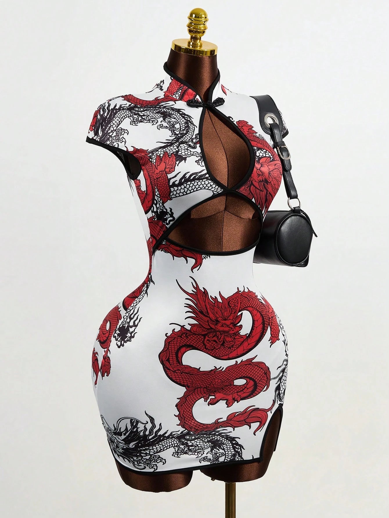 Mistrie Women's Chinese Dragon Print Buttoned Hollow-Out Cap Sleeve Bodycon Dress