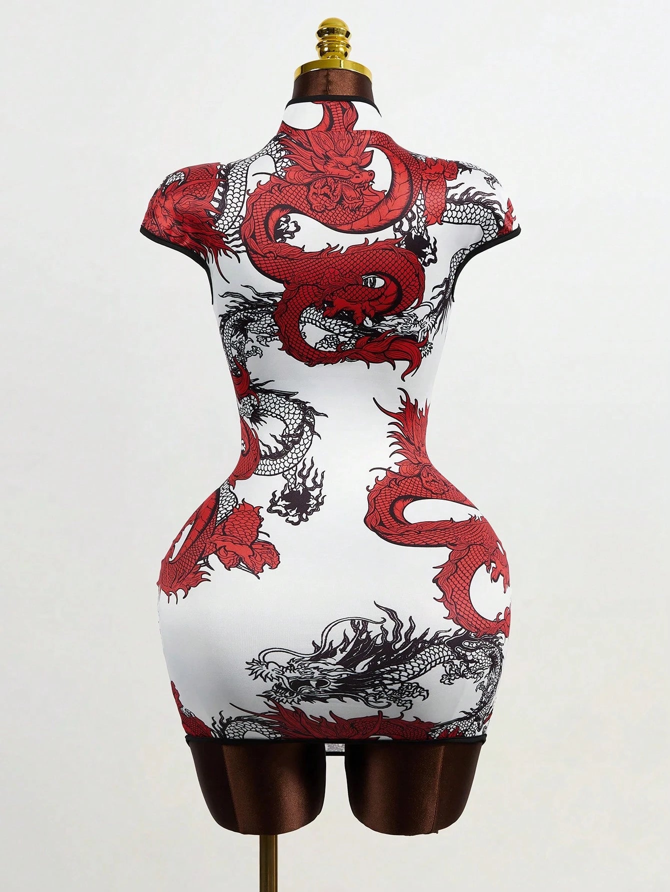 Mistrie Women's Chinese Dragon Print Buttoned Hollow-Out Cap Sleeve Bodycon Dress