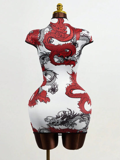 Mistrie Women's Chinese Dragon Print Buttoned Hollow-Out Cap Sleeve Bodycon Dress