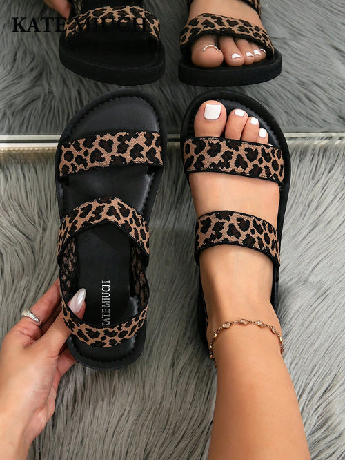 MIUCH Women's Fashion Casual Retro Y2K Collegiate Style Black Sandals With Leopard Jacquard Pattern, Suitable For Pairing With Shorts For Beach Travel, Beach Party, Club KTV Gathering; Italian Roman S