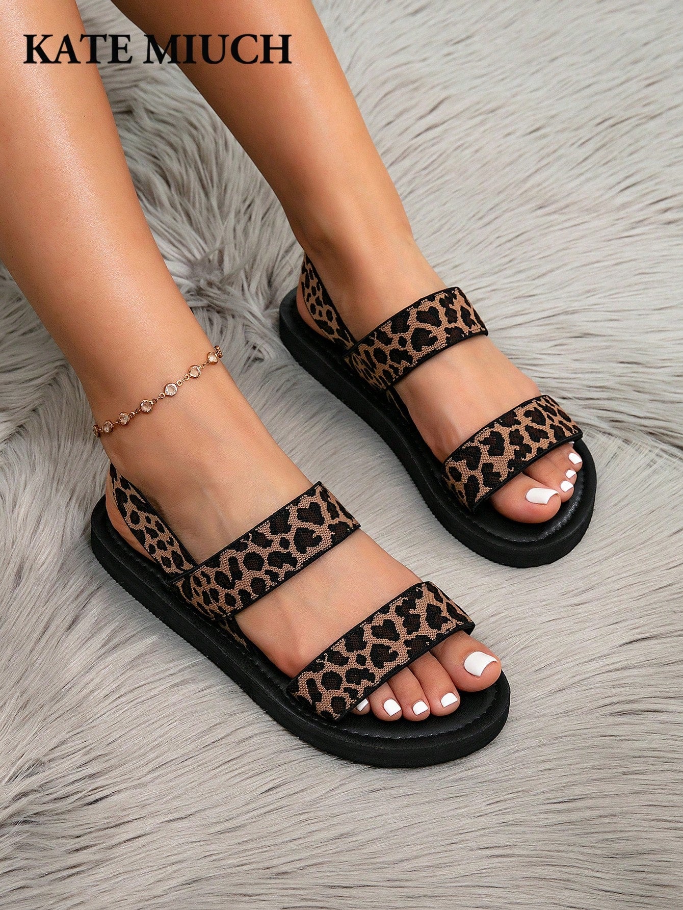 MIUCH Women's Fashion Casual Retro Y2K Collegiate Style Black Sandals With Leopard Jacquard Pattern, Suitable For Pairing With Shorts For Beach Travel, Beach Party, Club KTV Gathering; Italian Roman S