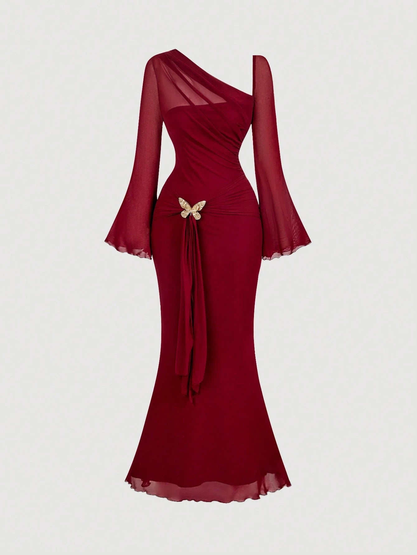 MOD Asymmetric Shoulder Flare Sleeve Burgundy Bow Metal Buckle Fishtail Dress,Red Dresses For Women, Elegant