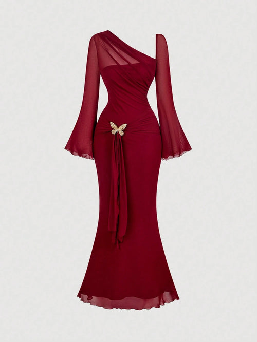 MOD Asymmetric Shoulder Flare Sleeve Burgundy Bow Metal Buckle Fishtail Dress,Red Dresses For Women, Elegant