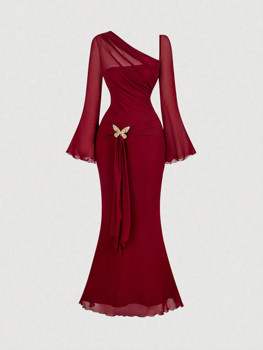 MOD Asymmetric Shoulder Flare Sleeve Burgundy Bow Metal Buckle Fishtail Dress,Red Dresses For Women, Elegant