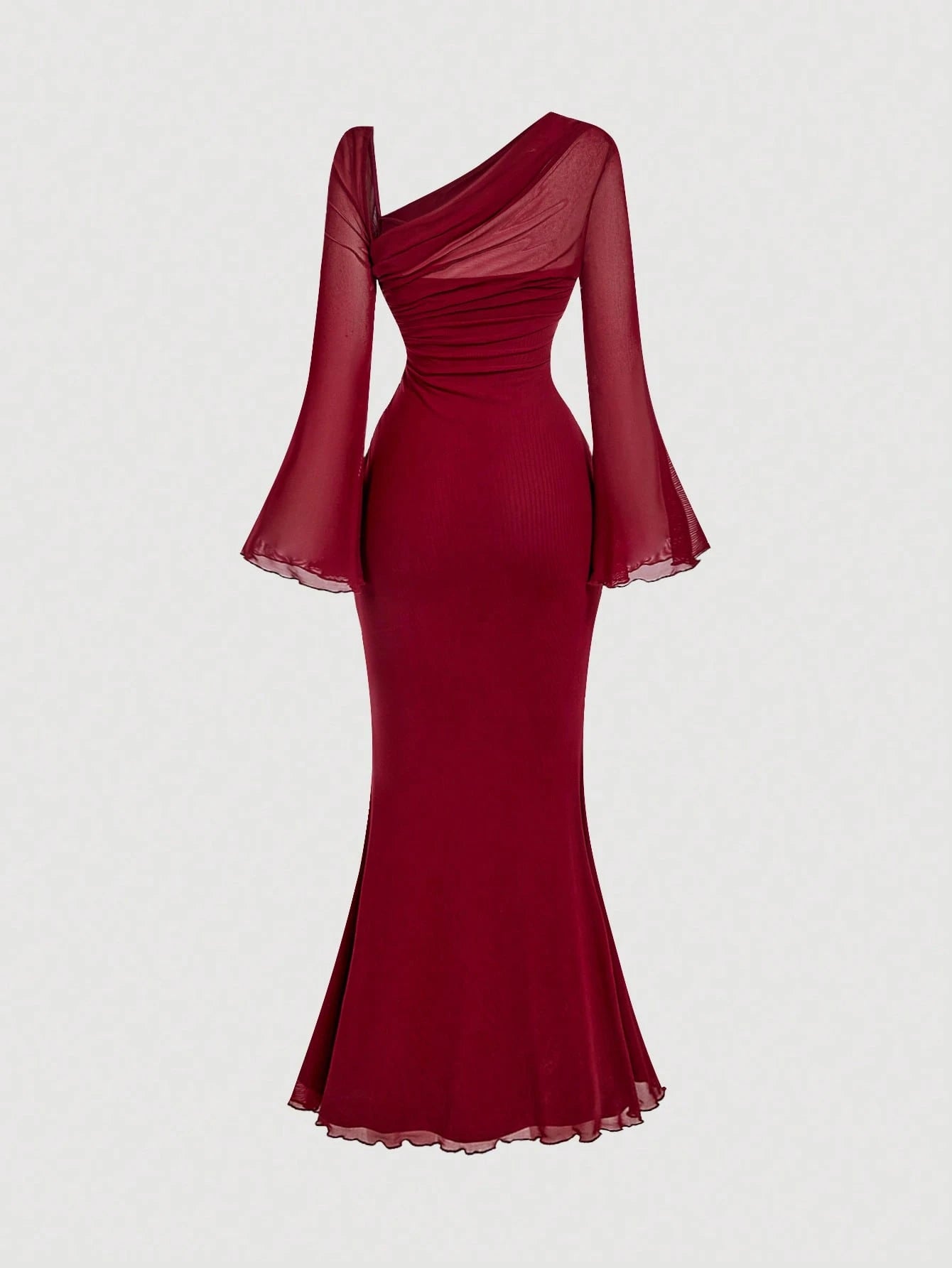 MOD Asymmetric Shoulder Flare Sleeve Burgundy Bow Metal Buckle Fishtail Dress,Red Dresses For Women, Elegant