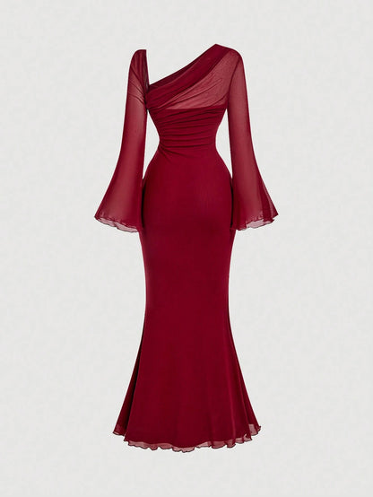 MOD Asymmetric Shoulder Flare Sleeve Burgundy Bow Metal Buckle Fishtail Dress,Red Dresses For Women, Elegant
