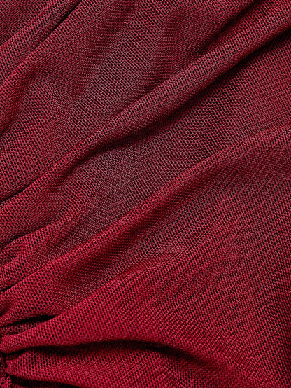 MOD Asymmetric Shoulder Flare Sleeve Burgundy Bow Metal Buckle Fishtail Dress,Red Dresses For Women, Elegant