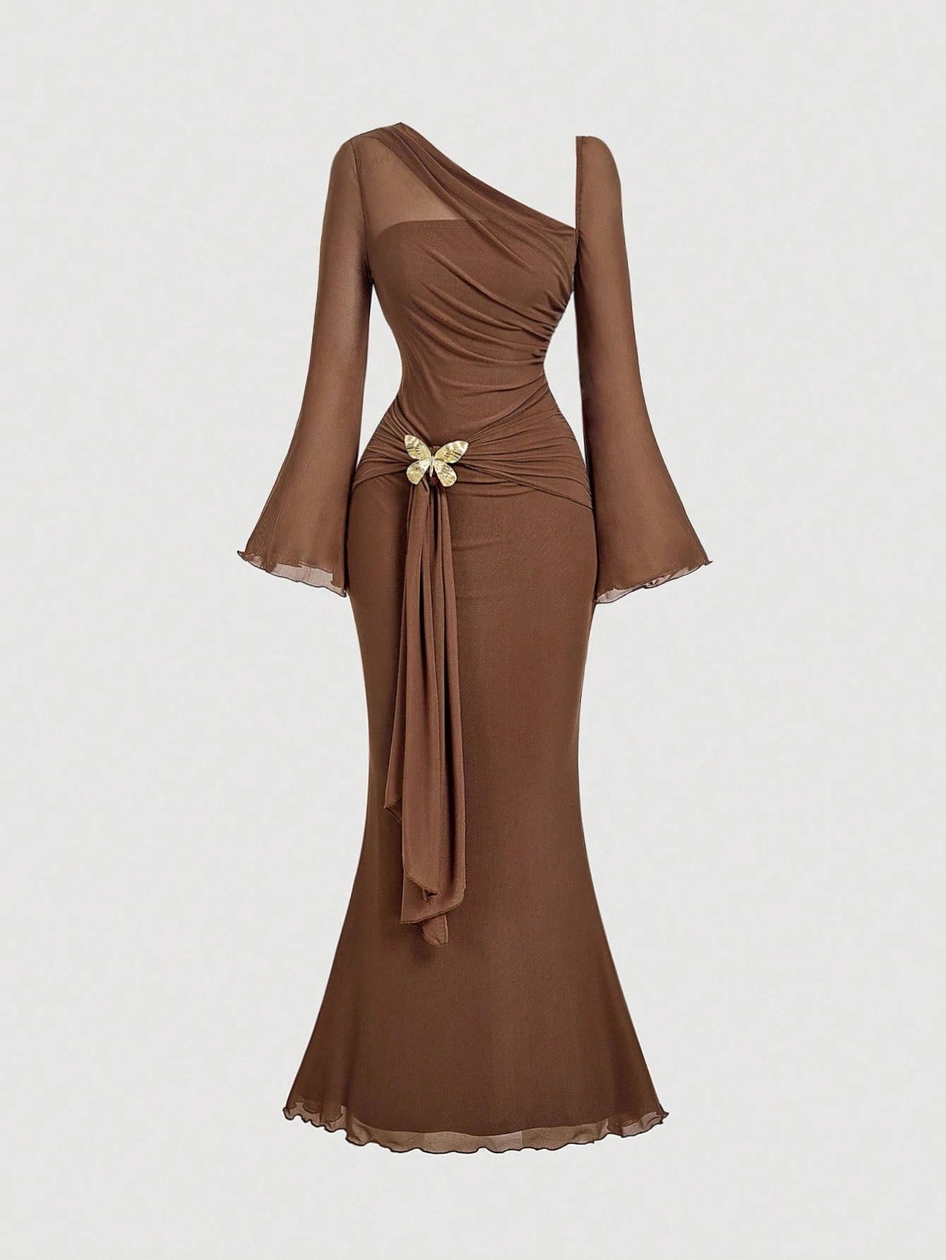 MOD Asymmetric Shoulder Flare Sleeve Burgundy Bow Metal Buckle Fishtail Dress,Red Dresses For Women, Elegant