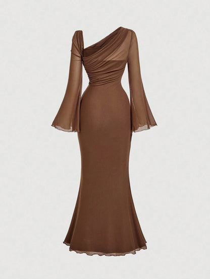 MOD Asymmetric Shoulder Flare Sleeve Burgundy Bow Metal Buckle Fishtail Dress,Red Dresses For Women, Elegant