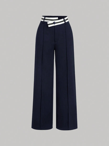 MOD Black Asymmetrical Waistline Retro Collegiate Style Versatile Women Suit Pants In Fall/Winter