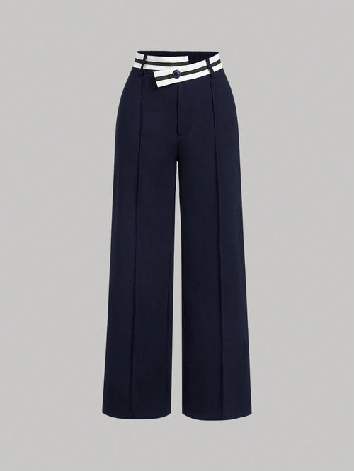 MOD Black Asymmetrical Waistline Retro Collegiate Style Versatile Women Suit Pants In Fall/Winter