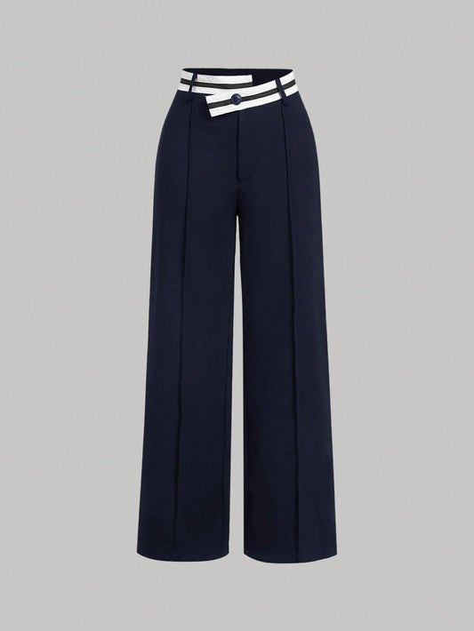 MOD Black Asymmetrical Waistline Retro Collegiate Style Versatile Women Suit Pants In Fall/Winter