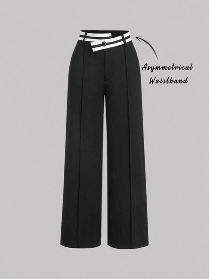 MOD Black Asymmetrical Waistline Retro Collegiate Style Versatile Women Suit Pants In Fall/Winter