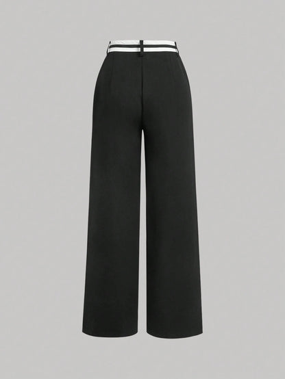 MOD Black Asymmetrical Waistline Retro Collegiate Style Versatile Women Suit Pants In Fall/Winter