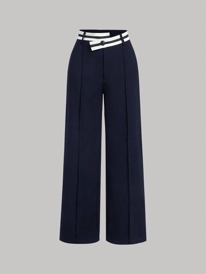 MOD Black Asymmetrical Waistline Retro Collegiate Style Versatile Women Suit Pants In Fall/Winter