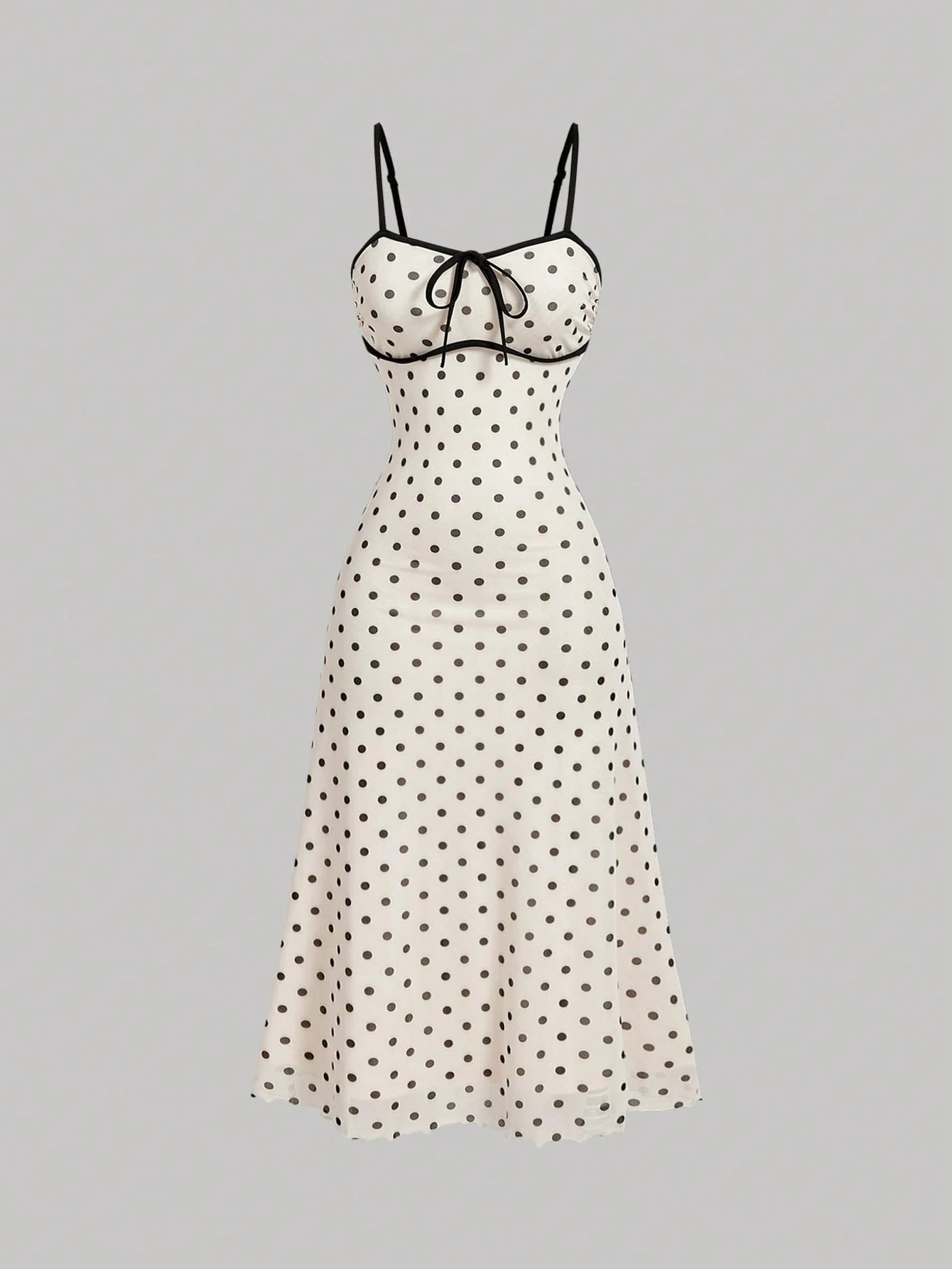 MOD Black White Polka Dot Summer Vintage Romantic Dining Slim Fit Midi Dress Thin Shoulder Straps Bow Tie Wedding Brunch Tea Party Graduation Outfits