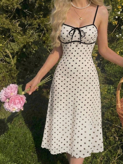 MOD Black White Polka Dot Summer Vintage Romantic Dining Slim Fit Midi Dress Thin Shoulder Straps Bow Tie Wedding Brunch Tea Party Graduation Outfits