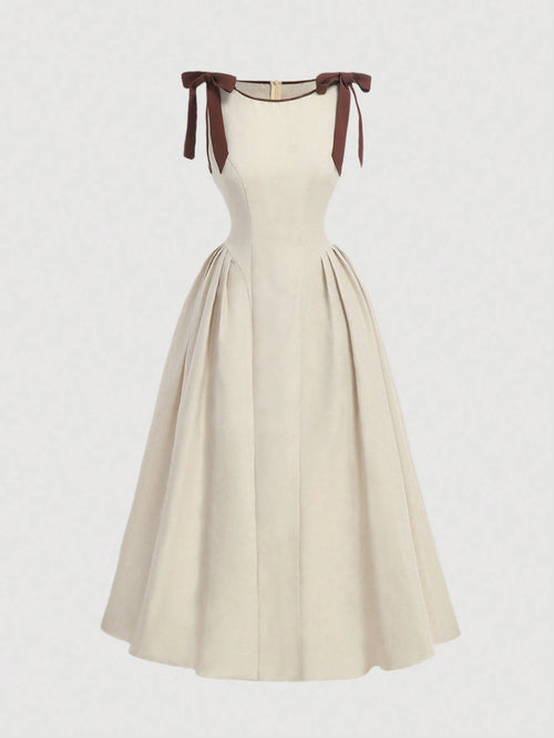 MOD Crew Neck Sleeveless Contrast Trim Bow Decor Waist Flare Hem Brown Casual Elegant Dress Garden Party Summer