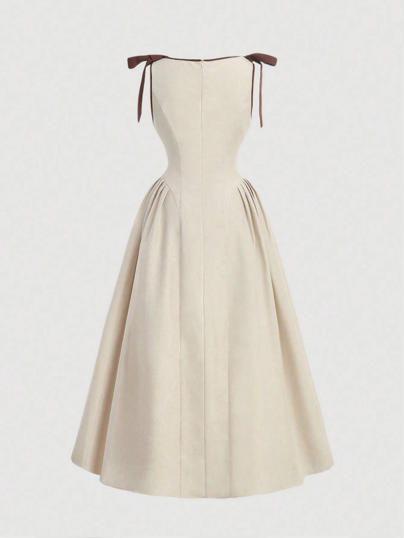 MOD Crew Neck Sleeveless Contrast Trim Bow Decor Waist Flare Hem Brown Casual Elegant Dress Garden Party Summer