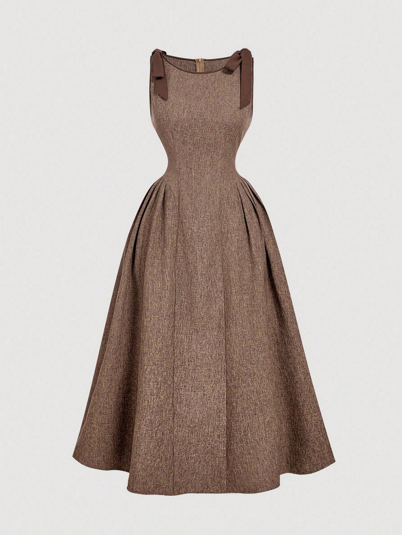 MOD Crew Neck Sleeveless Contrast Trim Bow Decor Waist Flare Hem Brown Casual Elegant Dress Garden Party Summer