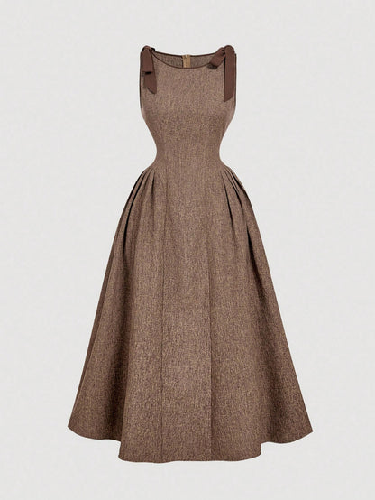 MOD Crew Neck Sleeveless Contrast Trim Bow Decor Waist Flare Hem Brown Casual Elegant Dress Garden Party Summer