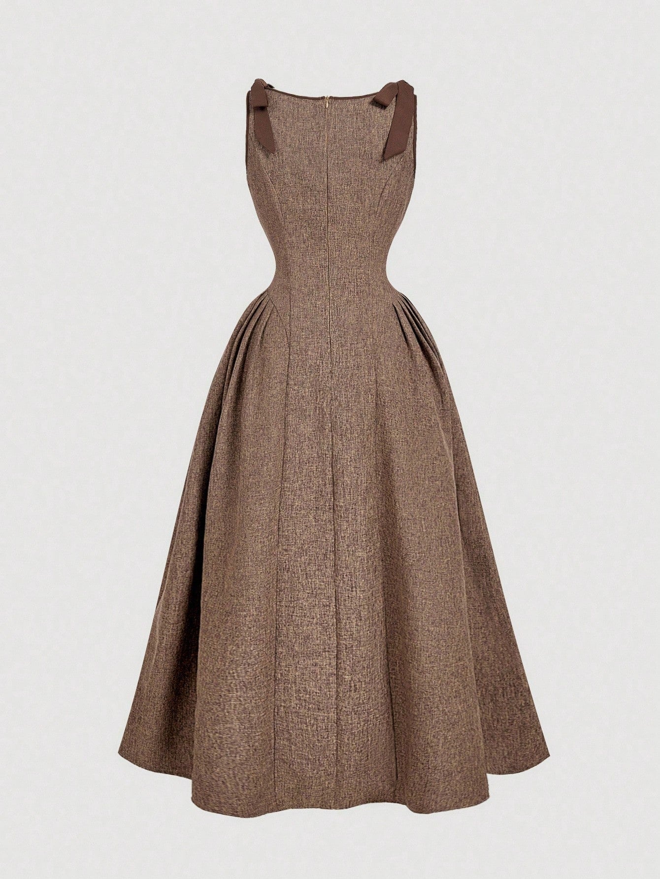 MOD Crew Neck Sleeveless Contrast Trim Bow Decor Waist Flare Hem Brown Casual Elegant Dress Garden Party Summer