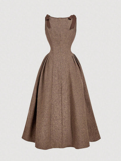 MOD Crew Neck Sleeveless Contrast Trim Bow Decor Waist Flare Hem Brown Casual Elegant Dress Garden Party Summer