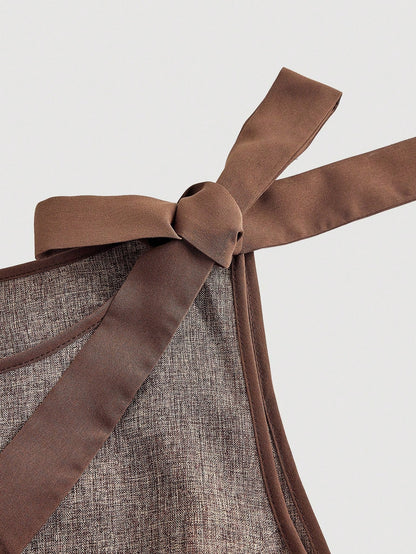MOD Crew Neck Sleeveless Contrast Trim Bow Decor Waist Flare Hem Brown Casual Elegant Dress Garden Party Summer