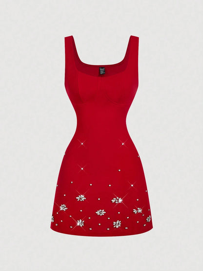 MOD Elegant Red Mini Tank Dress With Straps Sleeveless And Rhinestone Beading For Women Red Sun Dress
