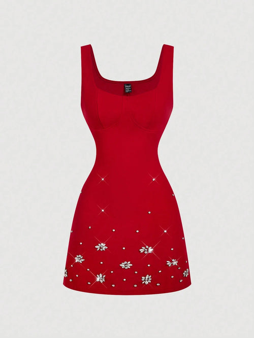 MOD Elegant Red Mini Tank Dress With Straps Sleeveless And Rhinestone Beading For Women Red Sun Dress