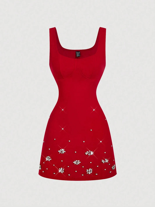 MOD Elegant Red Mini Tank Dress With Straps Sleeveless And Rhinestone Beading For Women Red Sun Dress