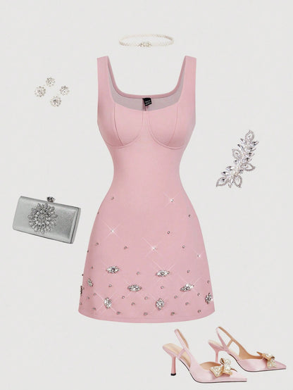 MOD Elegant Red Mini Tank Dress With Straps Sleeveless And Rhinestone Beading For Women Red Sun Dress