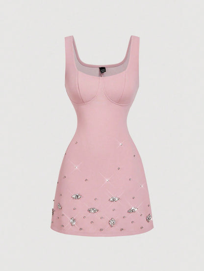 MOD Elegant Red Mini Tank Dress With Straps Sleeveless And Rhinestone Beading For Women Red Sun Dress
