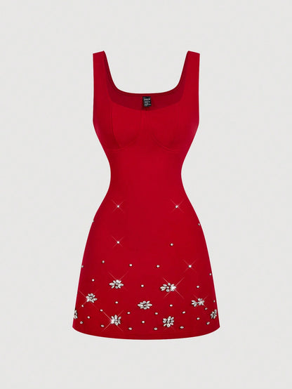 MOD Elegant Red Mini Tank Dress With Straps Sleeveless And Rhinestone Beading For Women Red Sun Dress