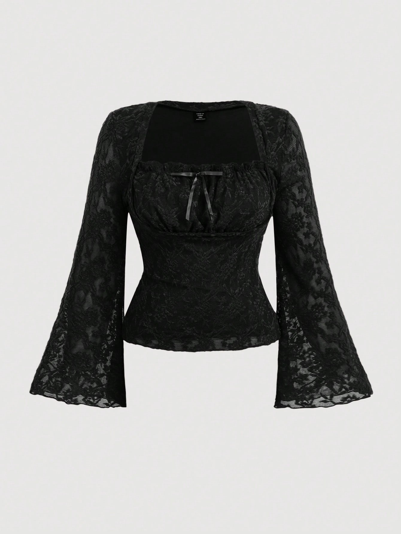 MOD Plus Size Women Black Black Ruffle Collar Flare Long Sleeve T-Shirt Top Fall