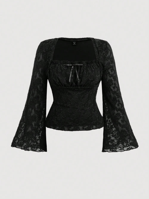 MOD Plus Size Women Black Black Ruffle Collar Flare Long Sleeve T-Shirt Top Fall