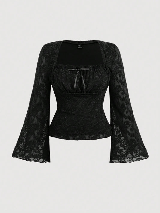 MOD Plus Size Women Black Black Ruffle Collar Flare Long Sleeve T-Shirt Top Fall